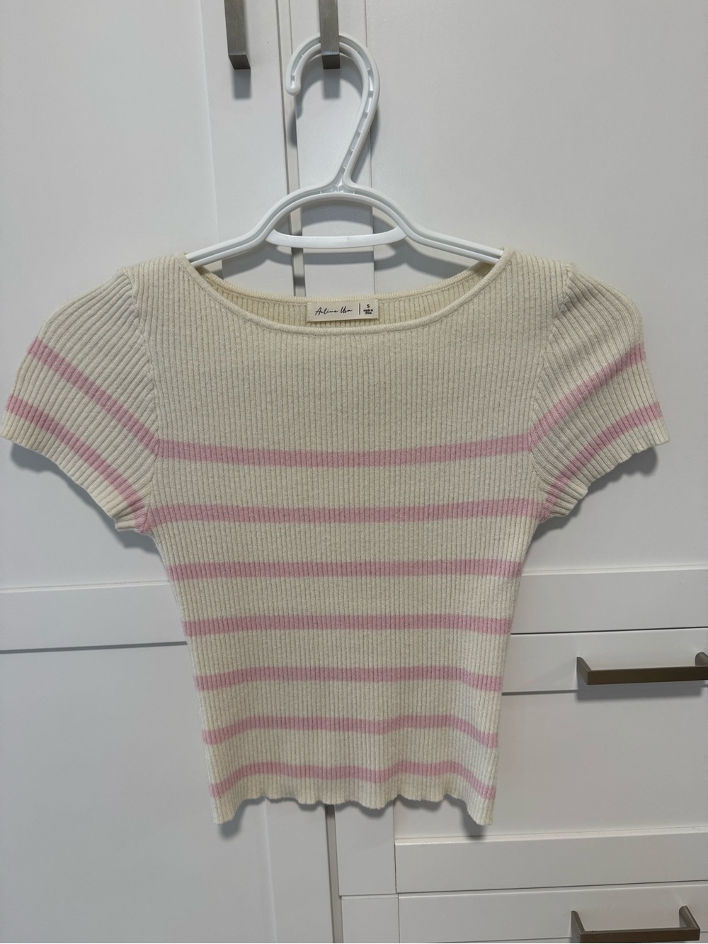 Active USA Cream Short-Sleeve Ribbed Top with Pink Stripes